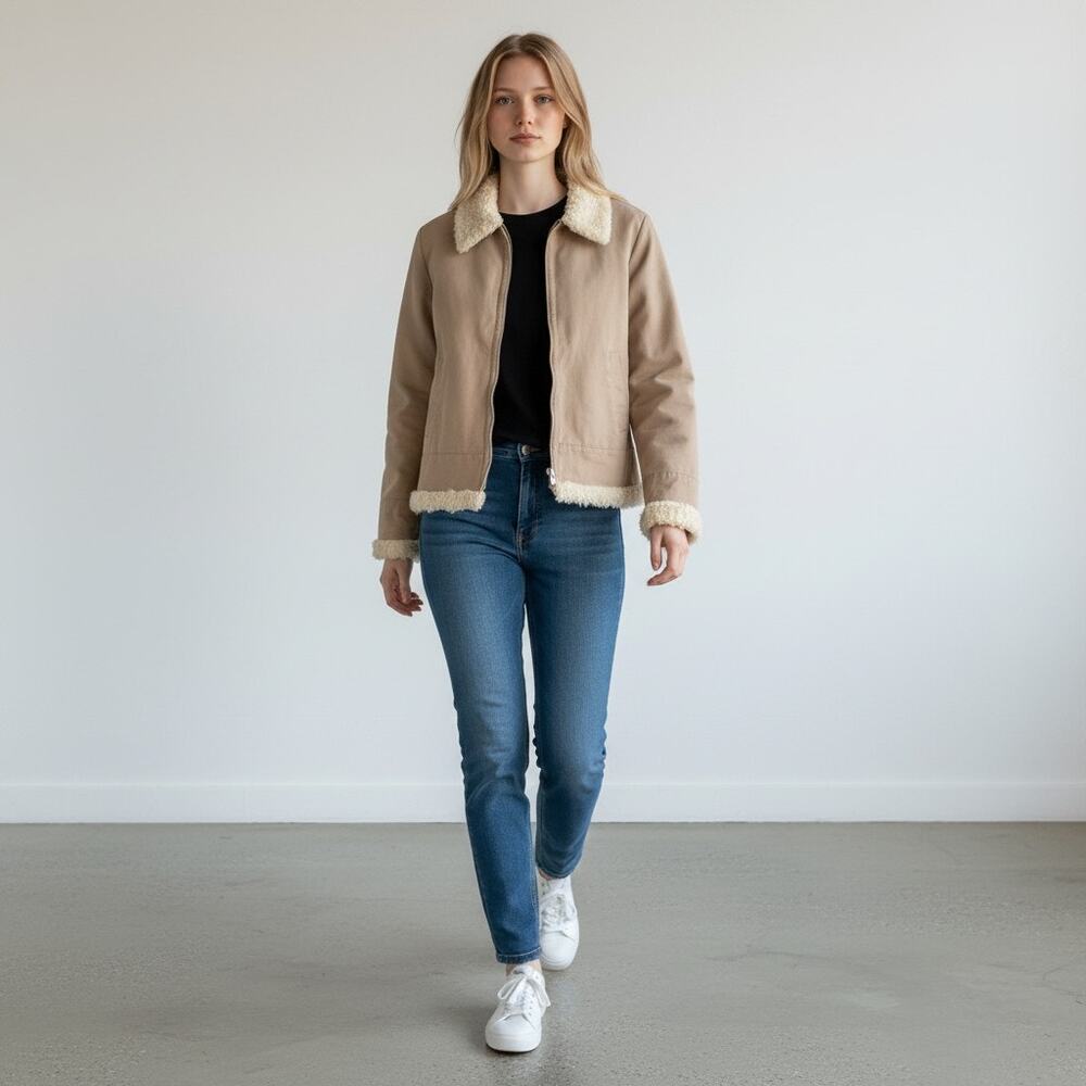 Vintage 90's Espirit Women's Beige Canvas Quilted Lined Fur Trim Jacket Size L